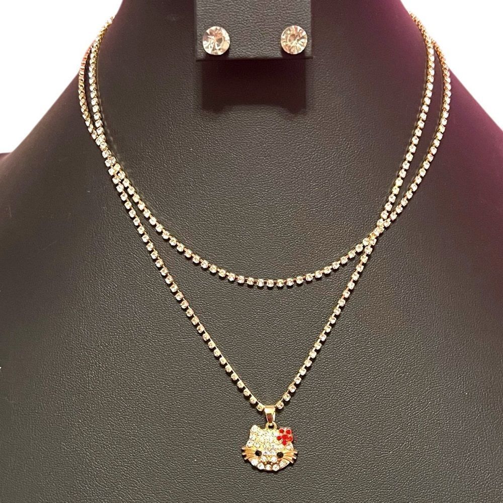 Hello Kitty Rhinestone Gold Double Strand Necklace And Earrings Set